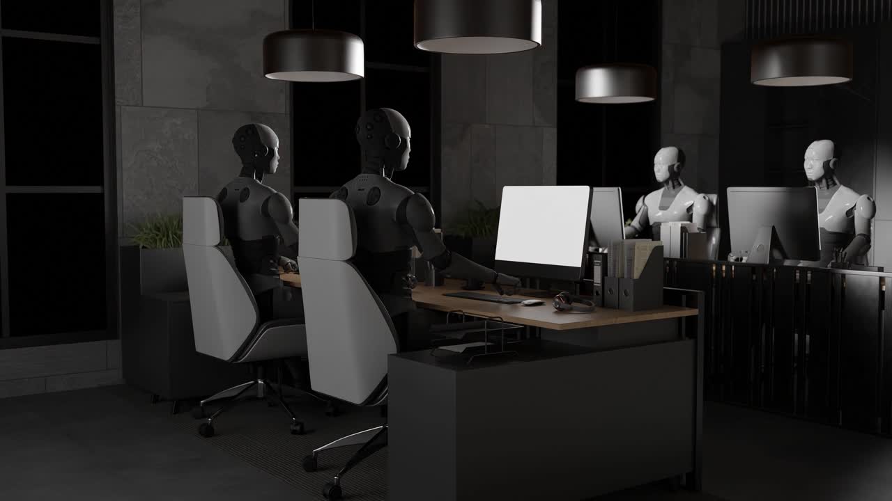Humanoid robots working at computer desks in modern office with yellow lighting. Artificial intelligence and automation in workplace concept. Design for banner, poster, wallpaper