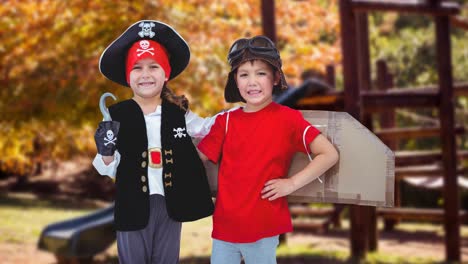 Animation-of-caucasian-boys-in-costumes-smiling-at-camera