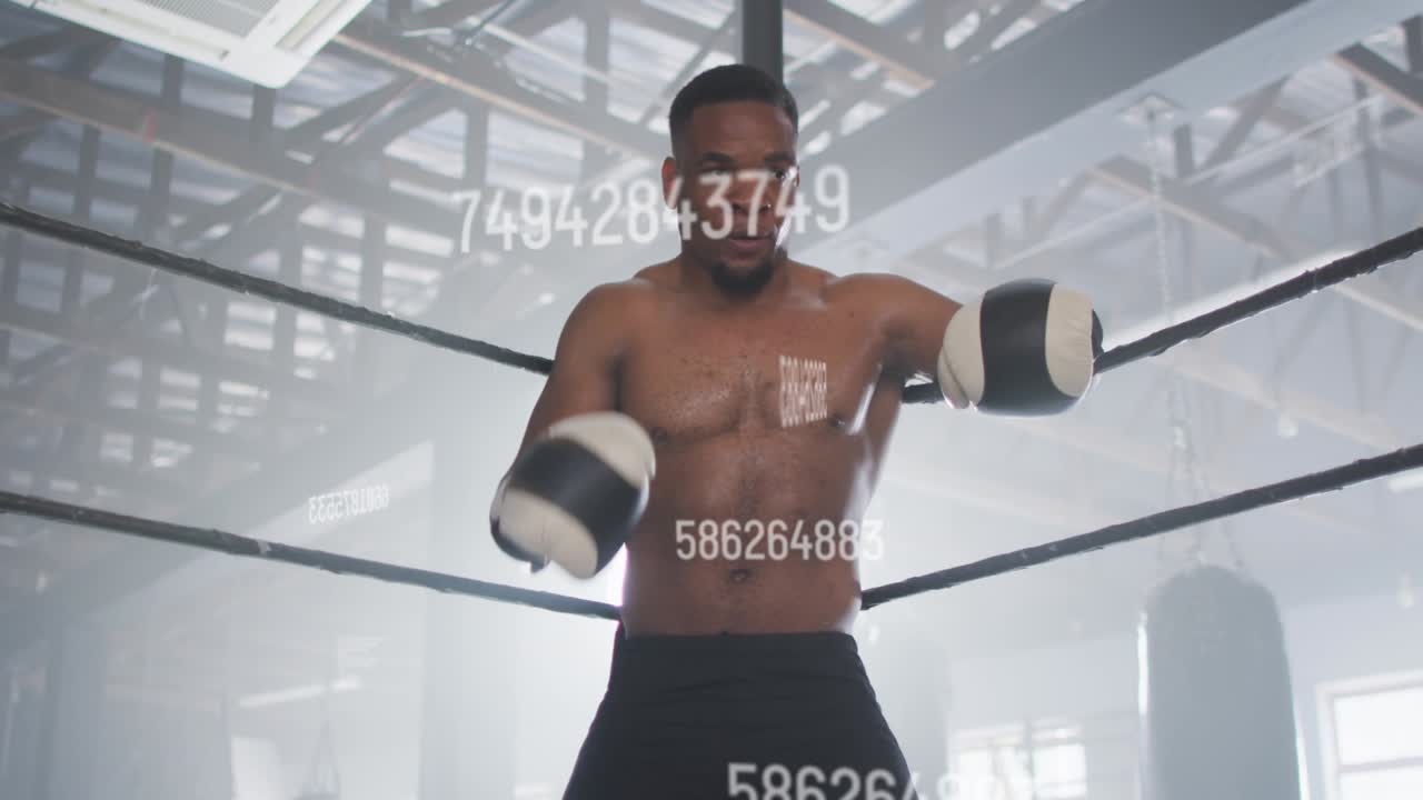 Male boxer leaning on ropes in gym, numeric overlays appearing and guiding fitness recovery