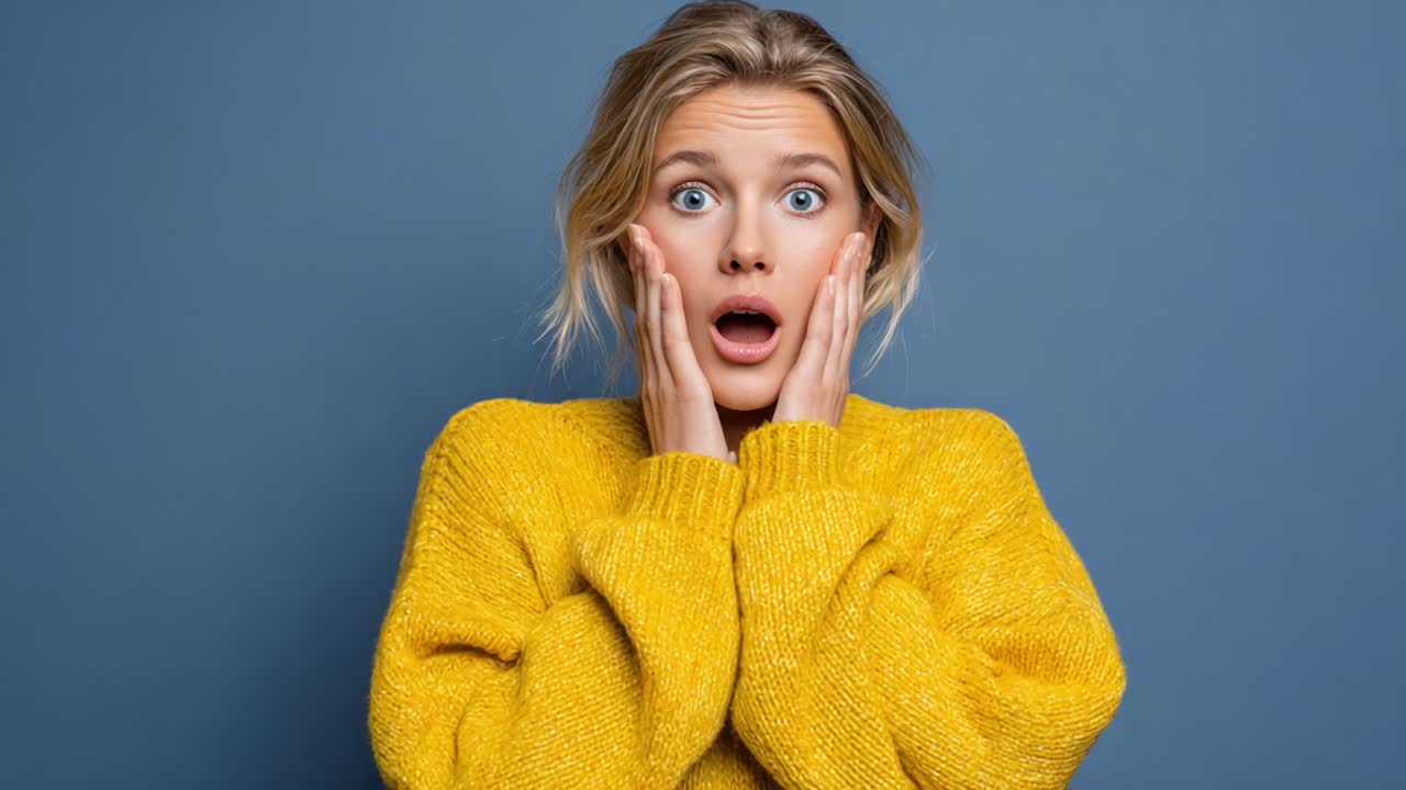 A Surprised Young Woman in a Yellow Sweater Exhibits a Range of Emotions from Shock to Happiness Against a Solid Blue Background