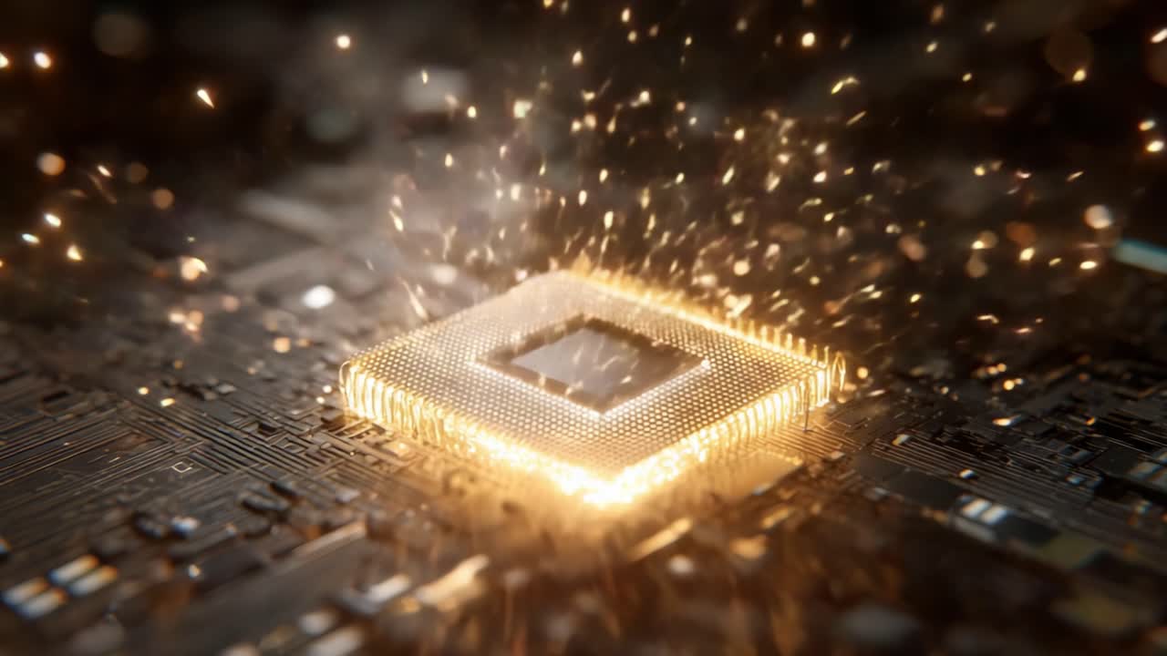 High tech computer processor powerfully working on a motherboard, sending signals and emitting glowing sparks, representing advanced technology, AI, and the future of computing innovation