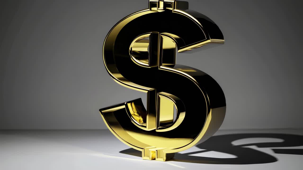 Un brillante simbolo del dollaro dorato sta in piedi, ripreso dal basso, proiettando un'ombra
