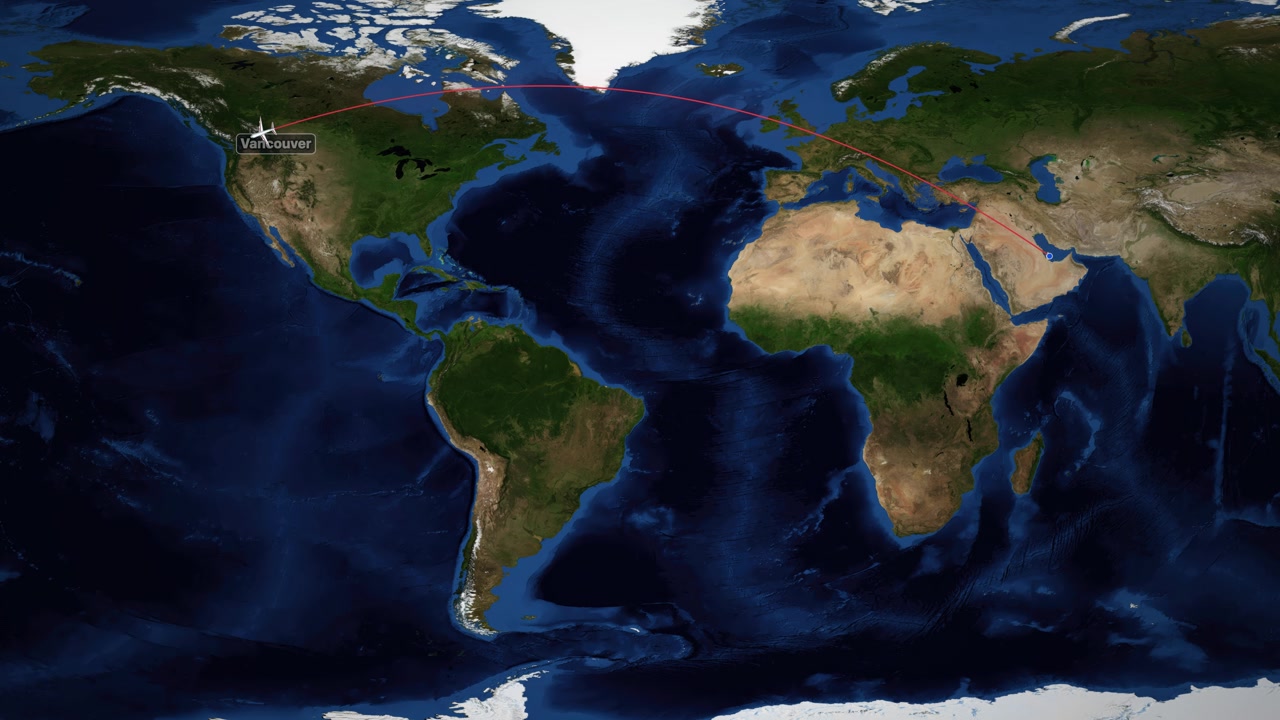 Un'icona di aereo viaggia attraverso la mappa del mondo da Doha a Vancouver lungo una rotta di volo rossa.