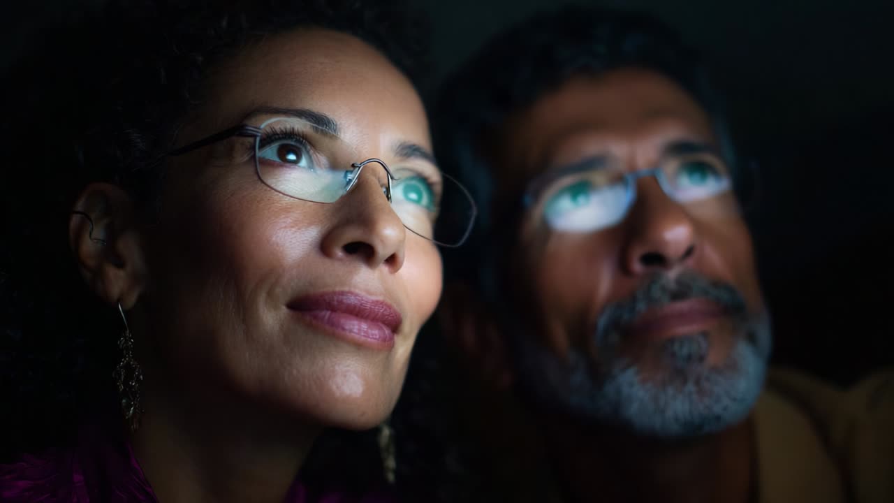 Captivated by the Light: A Couple Gaze in Awe as They Experience a Mesmerizing Visual Display, Their Expressions Reflecting Wonder and Connection in a Moment of Shared Inspiration and Discovery