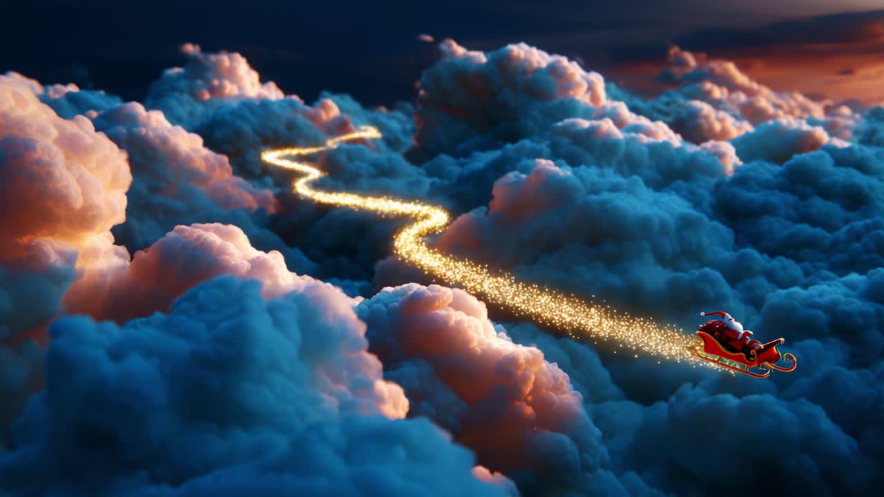 A Magical Journey Through Enchanted Clouds: A Sleigh Navigating a Twinkling Path of Stardust Amid a Dreamlike Sky, Illuminated by a Glimmering Sunset and Surrounded by Dreamy Cloudscapes