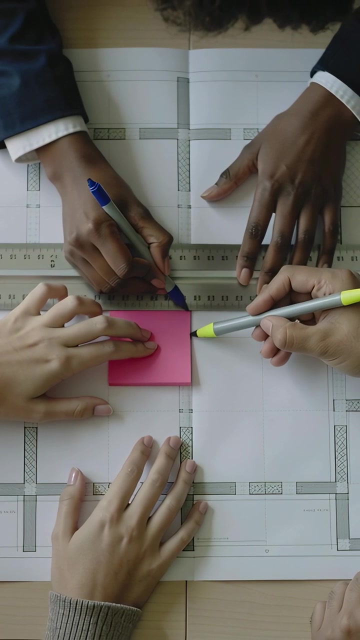 Video verticale: Posizionamento di un blocco rosa, team in abito che segna il piano con un righello sulla scrivania per la revisione