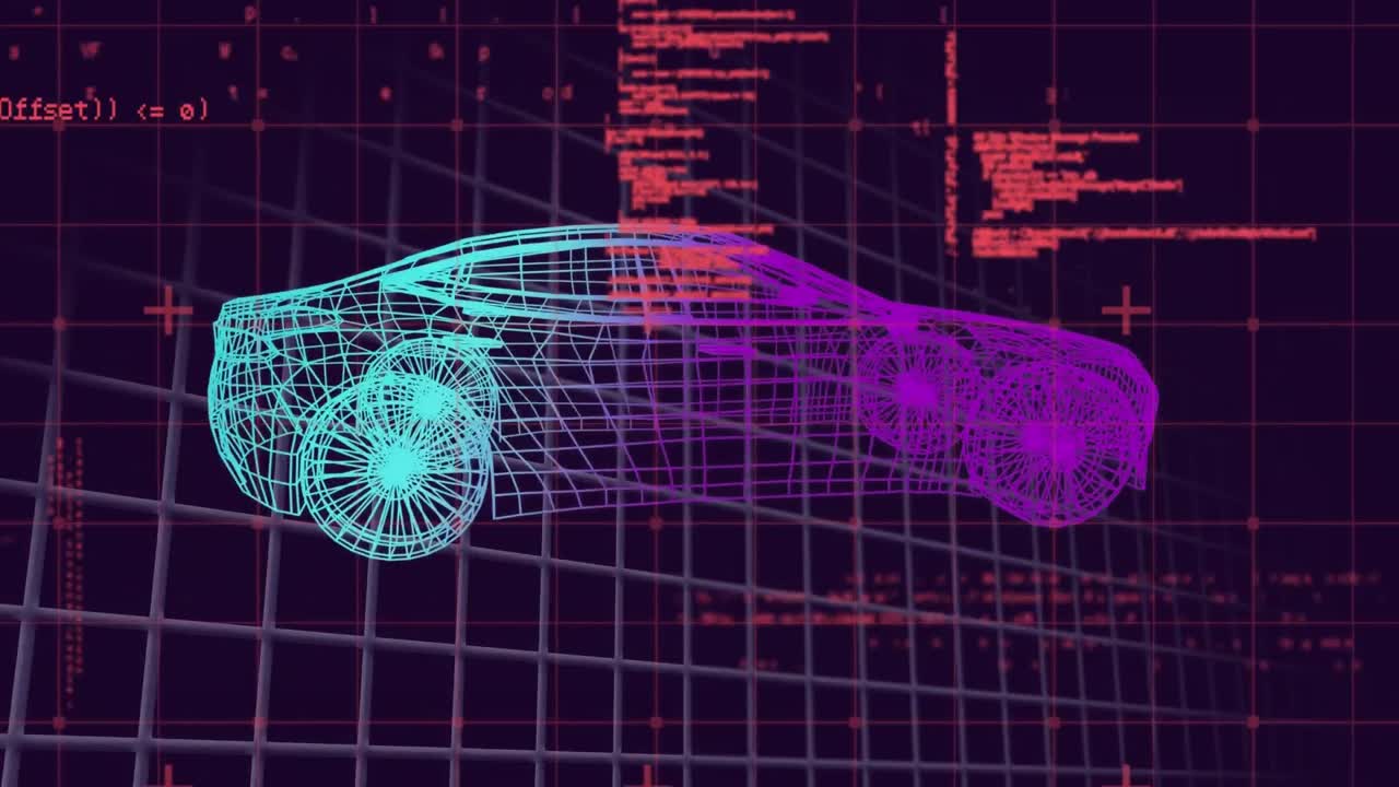 Animation of data processing over grid network against 3d car model spinning on black background