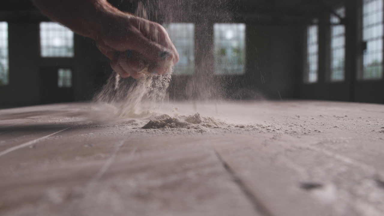 Close up slow motion footage of a hand throwing flour on to a table in an industrial warehouse.