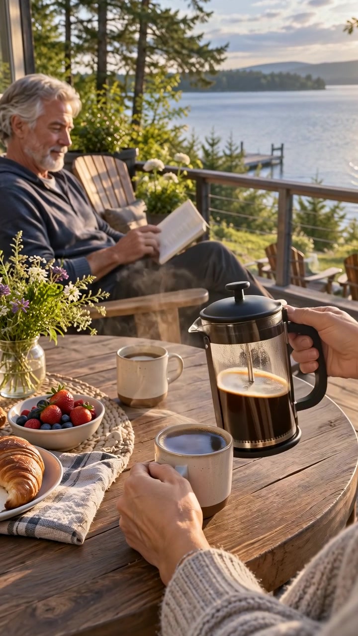 Varmt sollys falder over en terrasse ved søen, mens kaffe hældes i et krus i forgrunden, og en ældre mand læser i nærheden ved et bord dækket med frugt og kager