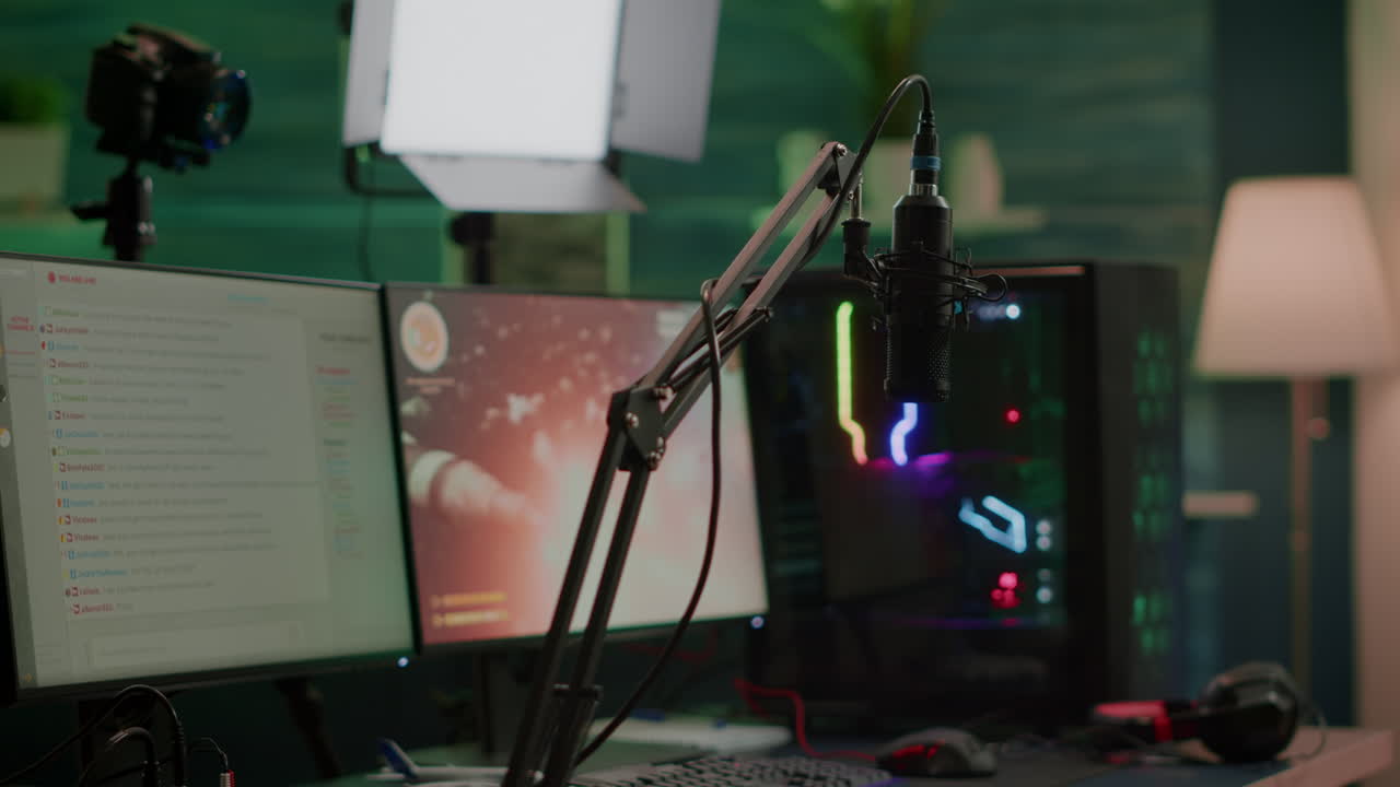 Game is over on display of RGB professional powerful computer in empty room