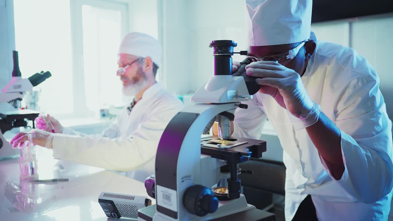 Two Scientists Working with Microscopes and Samples in a Laboratory
