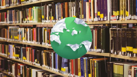 animation of globe over shelves with books in library