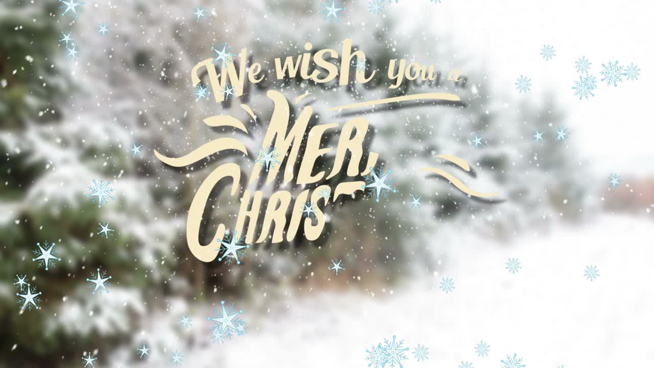 떨어지는 눈송이와 즐거운 크리스마스 그리고 겨울 풍경에 대한 행복한 새해 텍스트