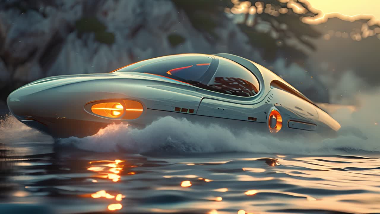 Futuristic Hydrofoil Vehicle Speeding Across Water at Sunset