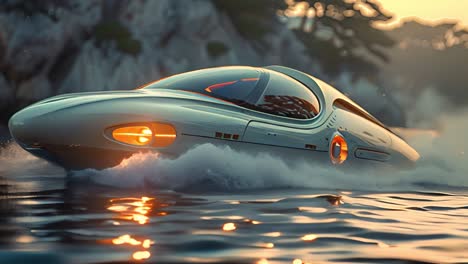 futuristic hydrofoil vehicle speeding across water at sunset