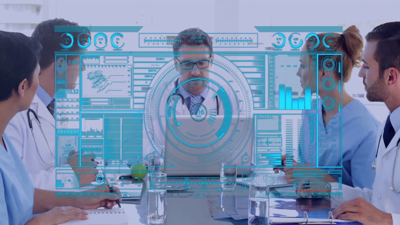 In school, medical team discussing with futuristic animation data interface overlay