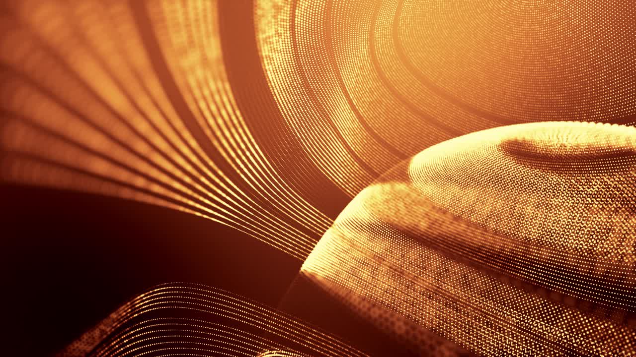 4k 루프 추상적인 황금 빛 입자의 배경은 사이버 공간이나 홀로그램의 표면과 같은 선을 형성합니다. 마이크로 월드, 나노 기술 또는 우주 공간의 sf 테마.