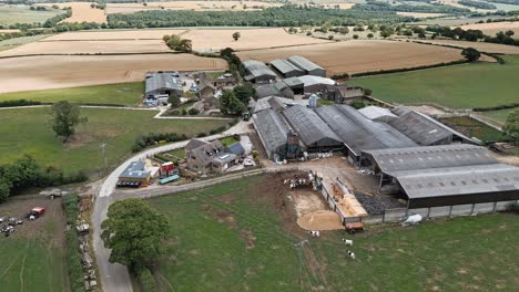 aerial footage of a modern day farm in a rural yorkshire landscape, shot in emley village west yorkshire