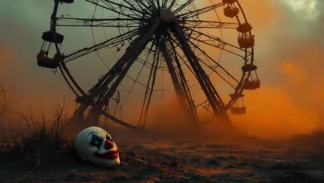 eerie clown mask rests on ground near abandoned ferris wheel in foggy atmosphere