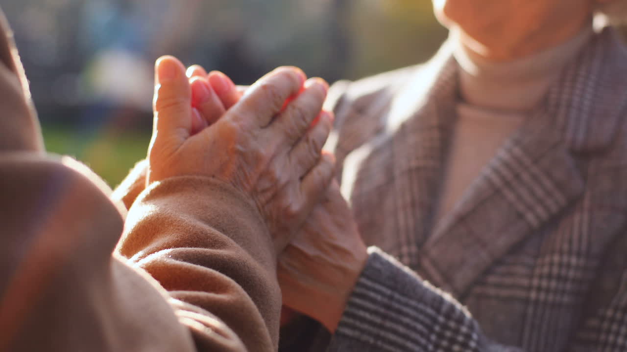 그녀의 파트너와 손을 잡고 가을에 공원에서 일몰에 이야기하는 노인 여성의 시야를 닫습니다
