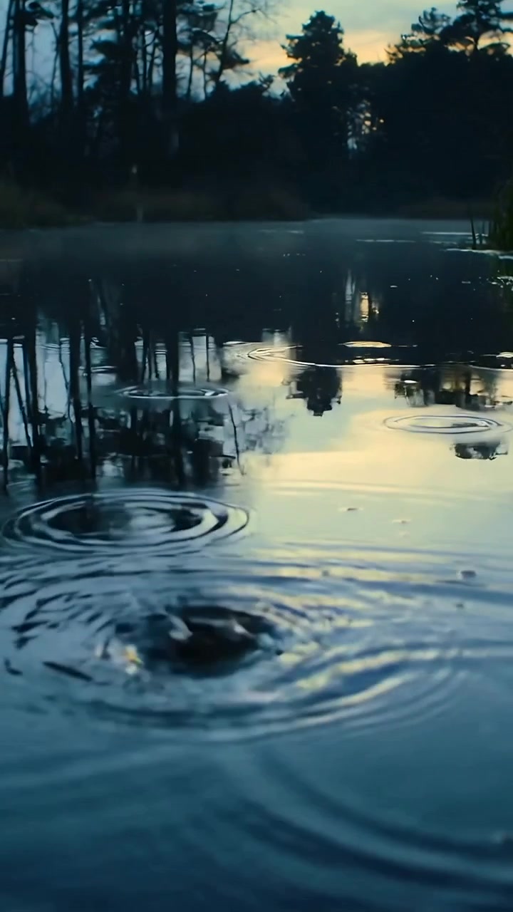 Vertical video: Rippling water forming spreading rings at dusk from small drops
