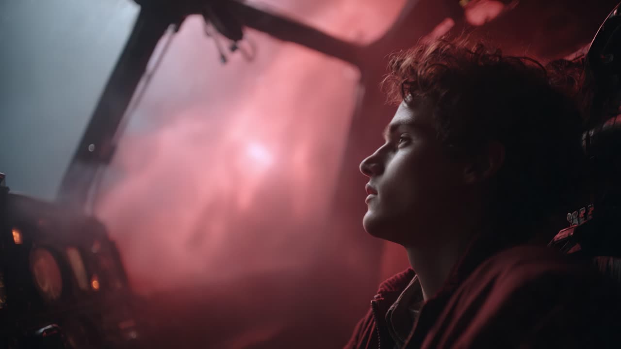 A solitary figure gazes into the unknown, surrounded by an ethereal glow, capturing a moment of reflection amidst turbulent darkness and surreal atmospheric phenomena