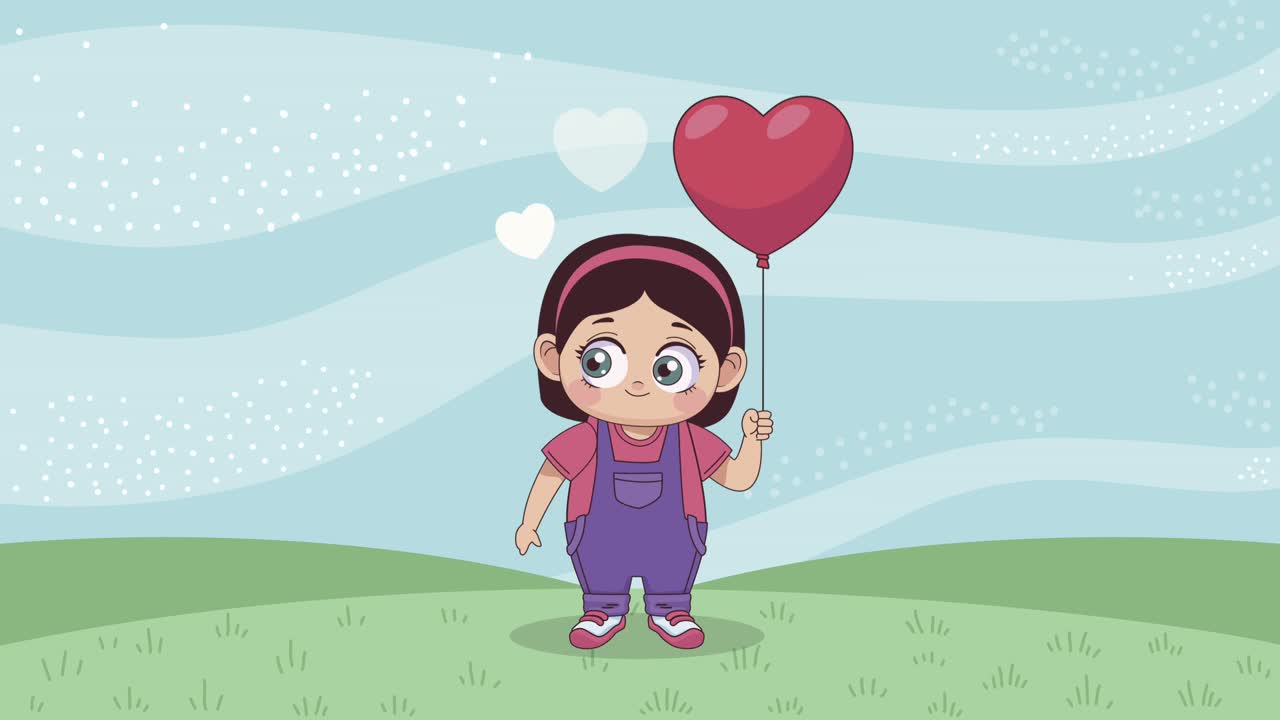 pequeña amante con corazón globo de helio animación