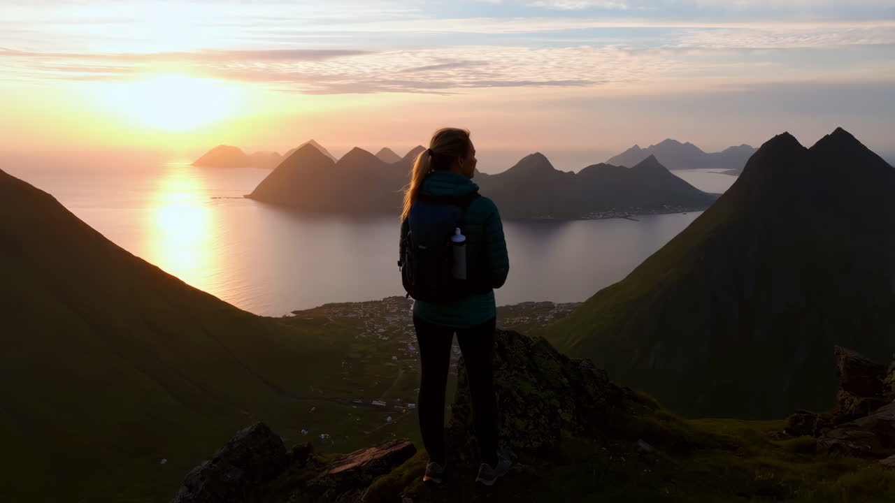 Hiker admires a stunning sunset over a fjord landscape