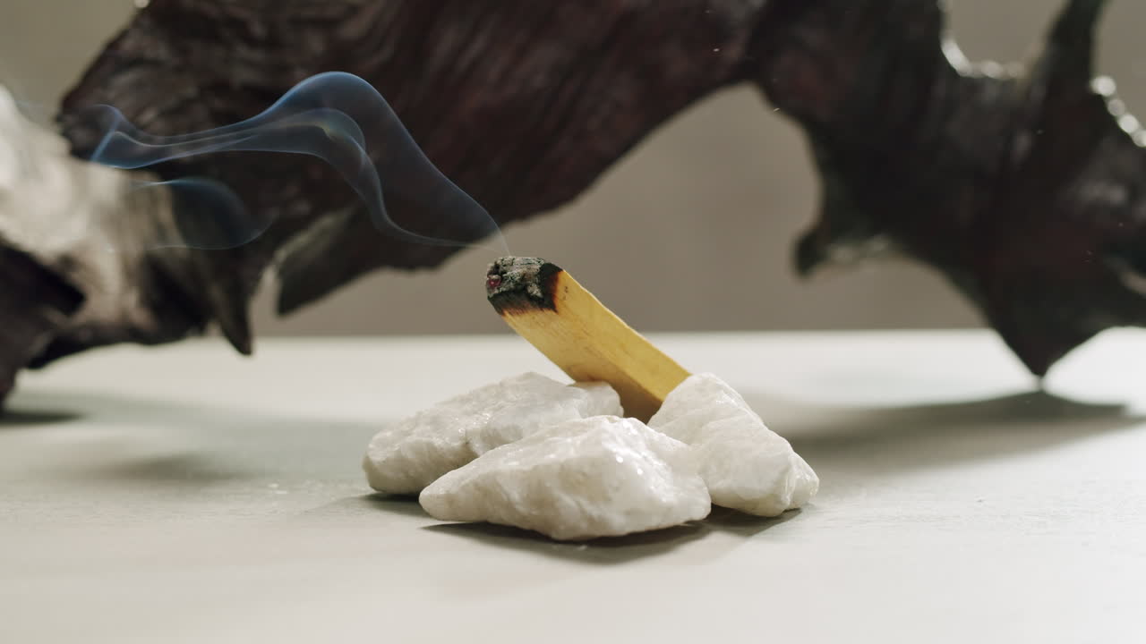 Person holding Palo Santo wood stick in hand, aromatic Palo Santo burning on black background, smoke spreading around, slow motion video clip, high quality 4k close up footage. High quality 4k footage