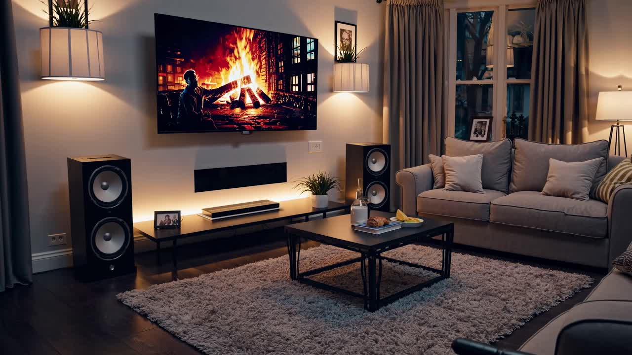 Salón acogedor con un televisor de pared que muestra un vídeo de una chimenea