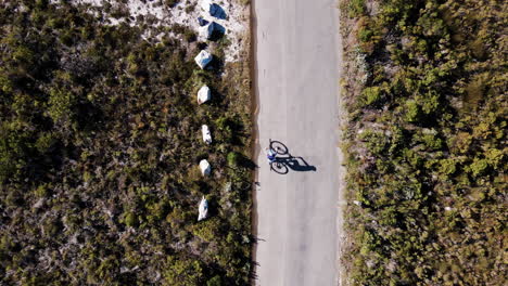 top-down aerial over mtb cyclist with perfect shadow, road through fynbos