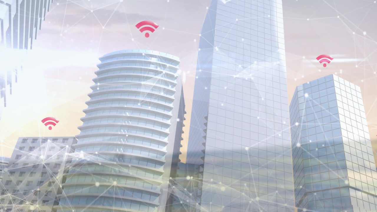 Digital network connections and Wi-Fi symbols overlay modern skyscrapers in animation