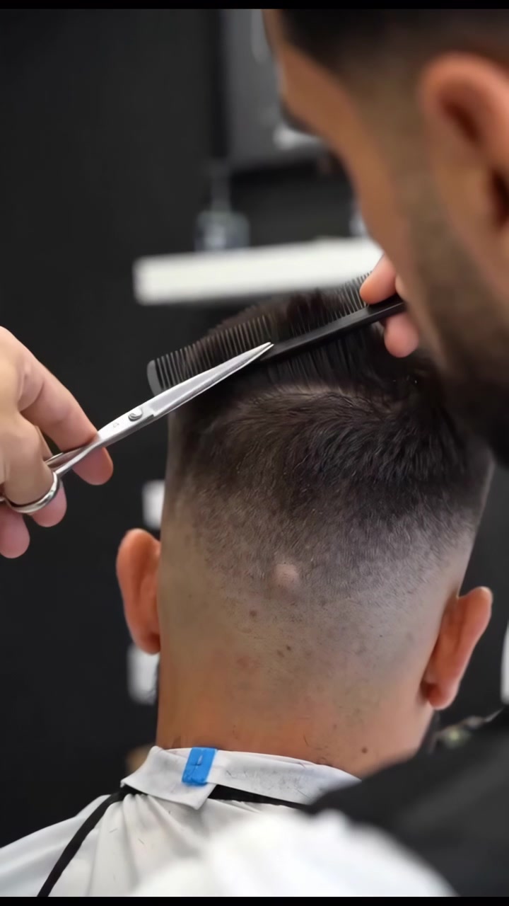 Nærbillede af en barber, der bruger saks og kam til at trimme bagsiden af en mands korte frisure i en blødt oplyst barbersalon med en sløret indendørs baggrund.