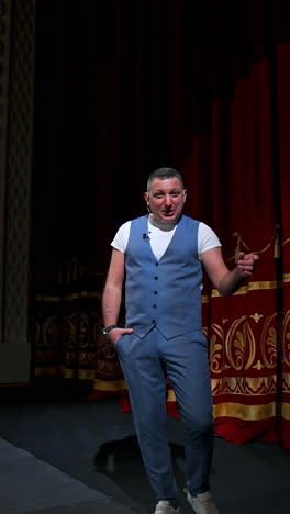 actor performs on stage. man on stage during performance in theater