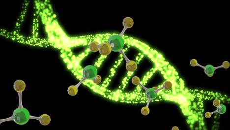 Animation-Von-3D-Mikromolekülen-Und-DNA-Strang-Auf-Schwarzem-Hintergrund