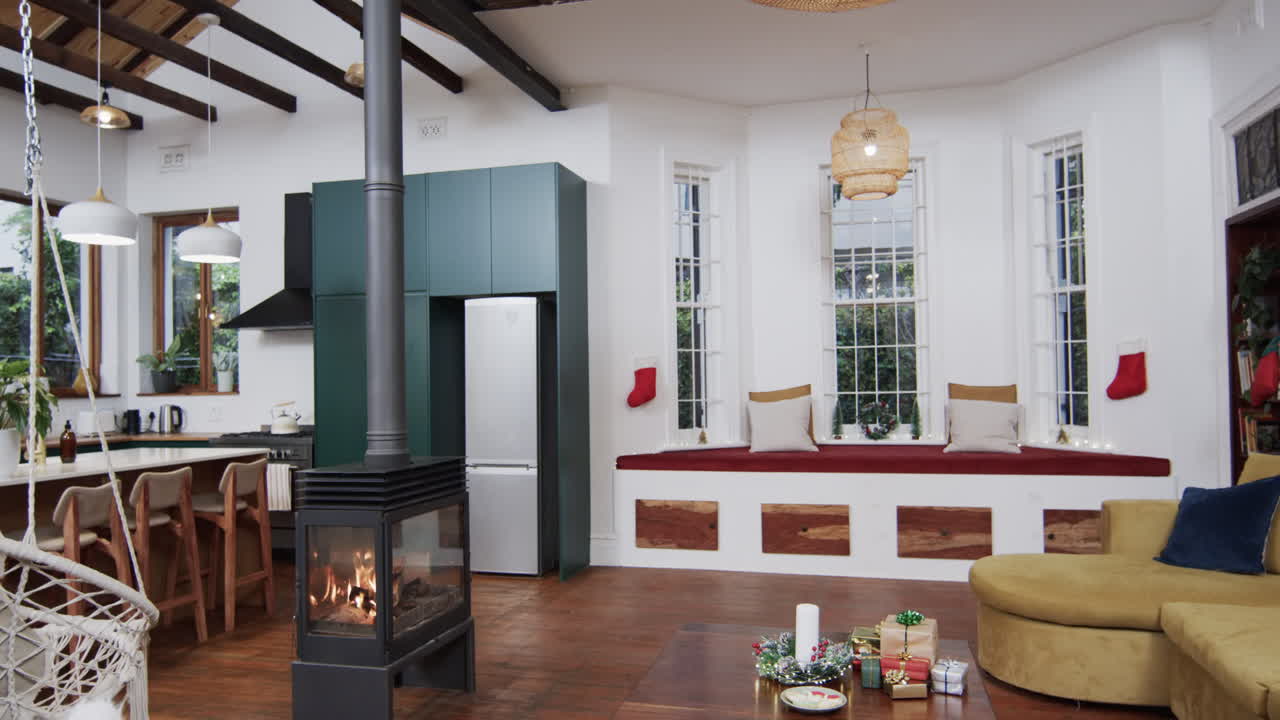 vista general de la cocina y la sala de estar modernas, cámara lenta