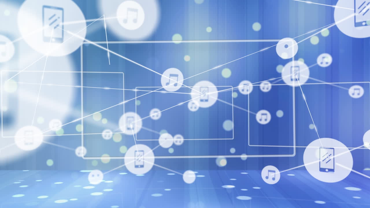 모바일, 음악 아이콘의 애니메이션은 파란 bokeh 디지털 인터페이스에 직사각형으로 점을 연결합니다.