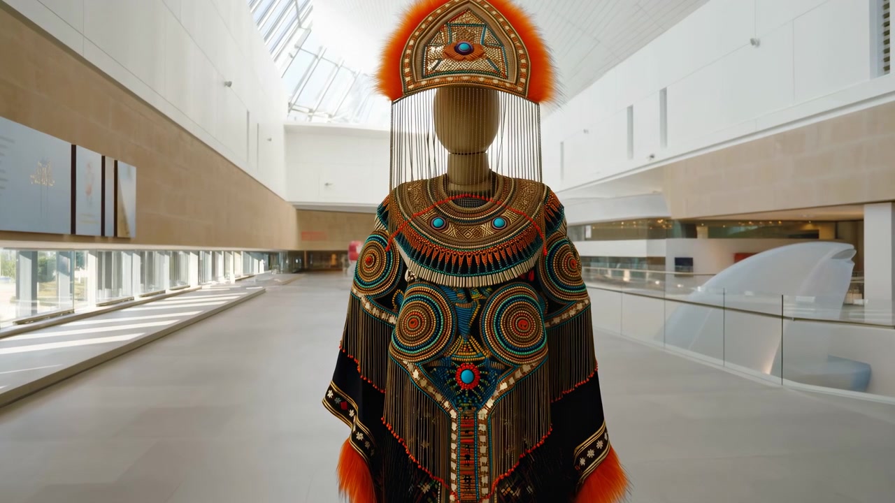 Una figura decorata rimane centrata in un'ampia sala contemporanea, mostrando abiti dettagliati e a fantasia, toni caldi e un'architettura interna simmetrica sotto una luminosa illuminazione ambientale con una composizione statica e calma.