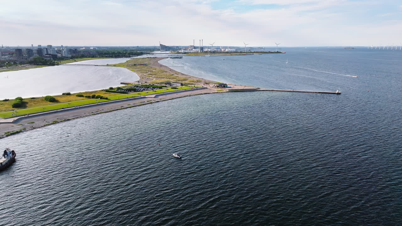Aerial drone view of Amager Beachpark seaside public park in Copenhagen, Denmark