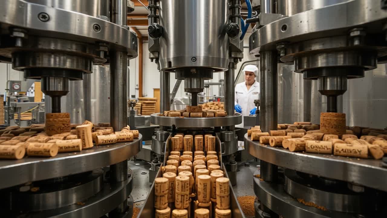 Automated Cork Production Process in Action: High-Volume Manufacturing with Precision Machinery for Wine Bottle Closures