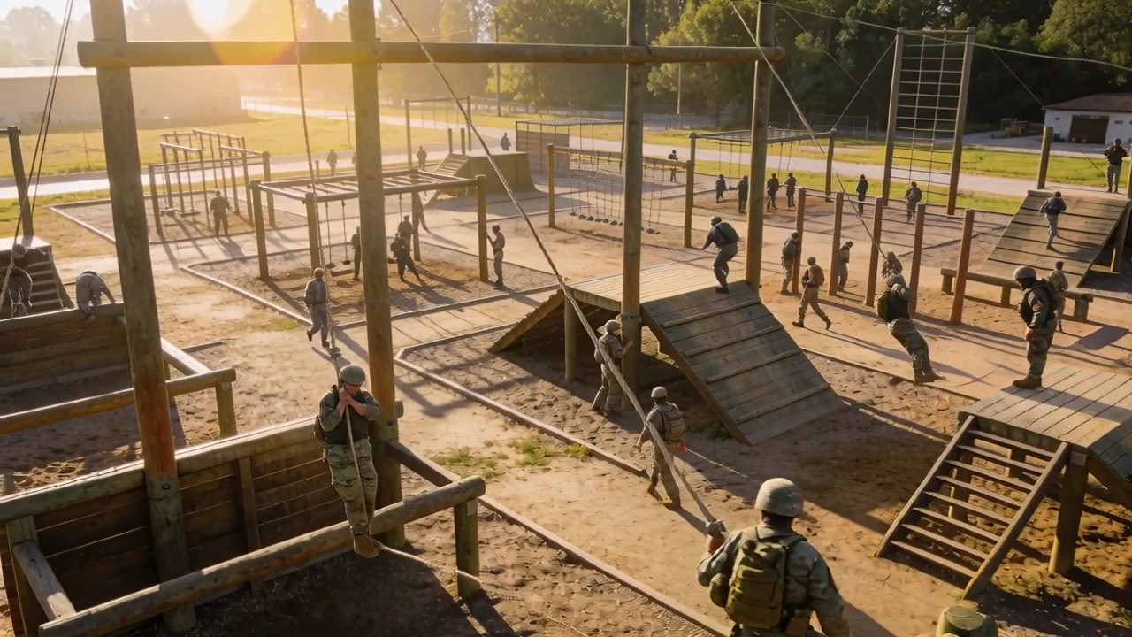 Starting at sunrise military trainees in camo climbing and running at training ground with ropes