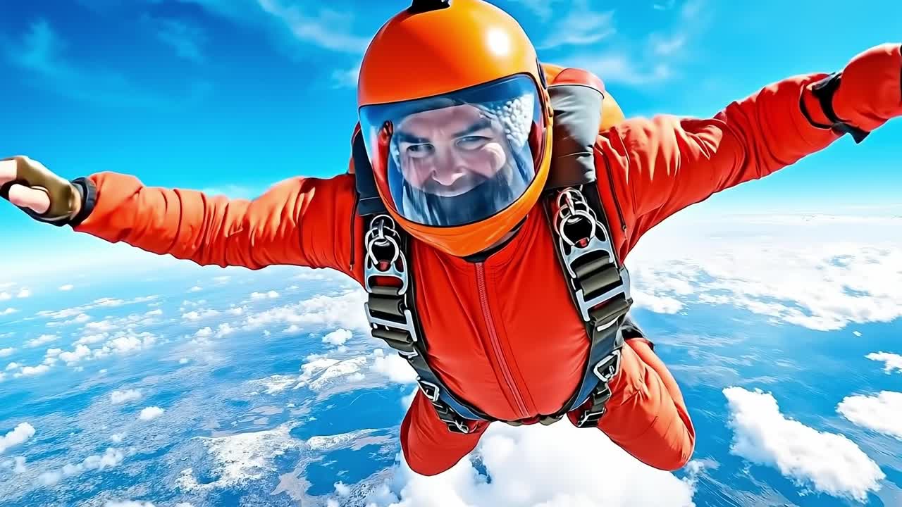 A man in an orange jumpsuit is skydiving in the sky with his arms outstretched