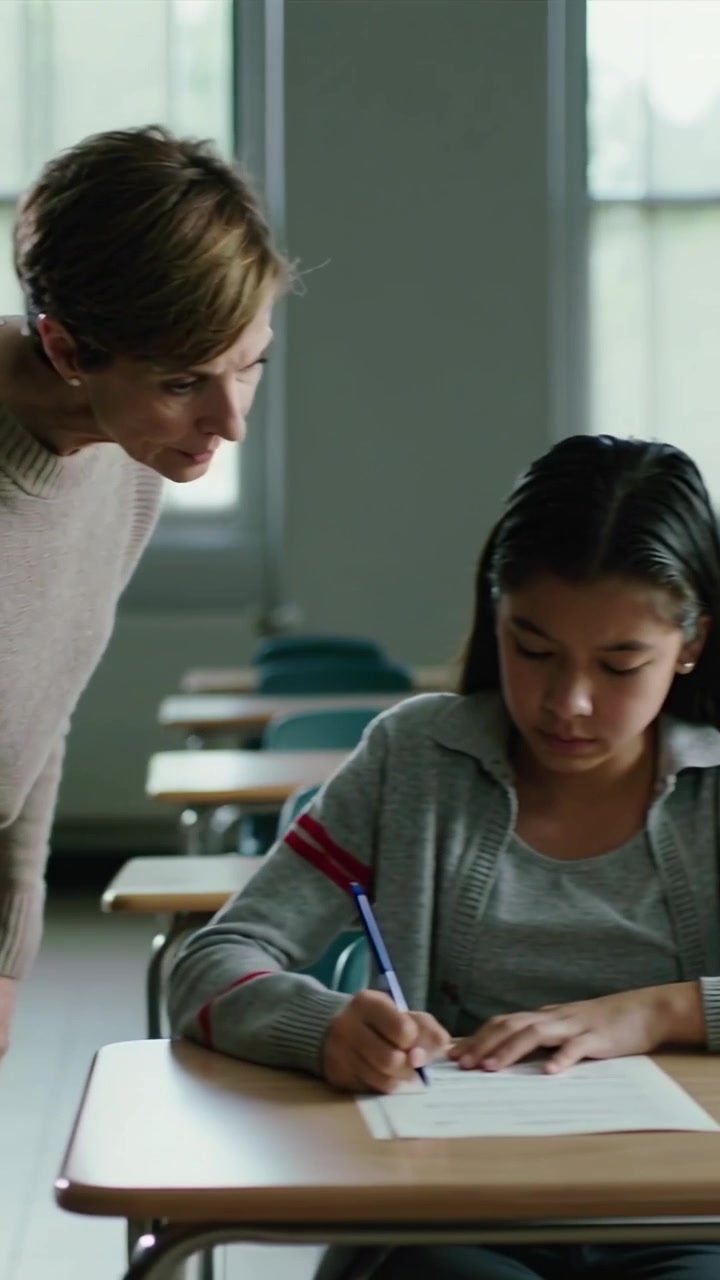 Vertikal video: Lærer kommer ind, læner sig over elev, der skriver med blå kuglepen i skolen, og tjekker arbejde.