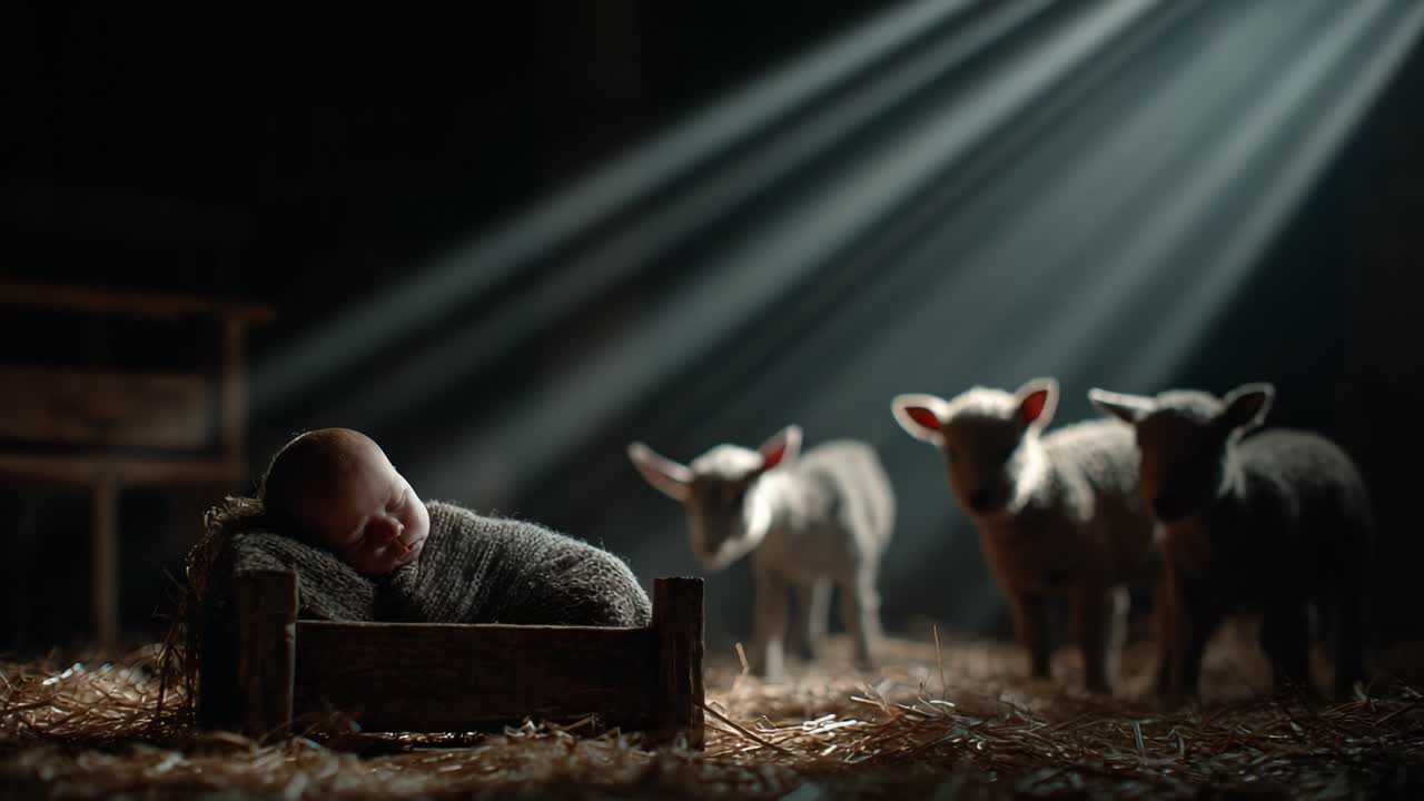 A Serene Moment in Nature: A Peaceful Baby Sleeping in a Rustic Barn Surrounded by Playful Lambs Bathed in Soft Sunlight