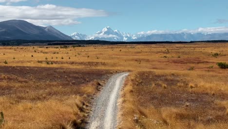 Alps-to-Ocean-bike-trail-leading-through-dry-grassland,-Mount-Cook-in-background