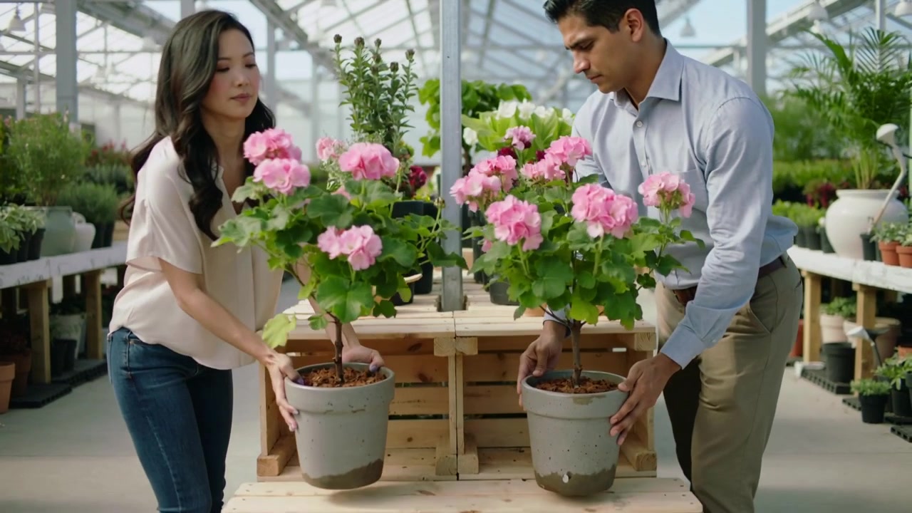 Percebendo um desalinhamento, mulher de blusa rosa e homem de camisa azul levantando e alinhando dois vasos cinzas em uma estufa