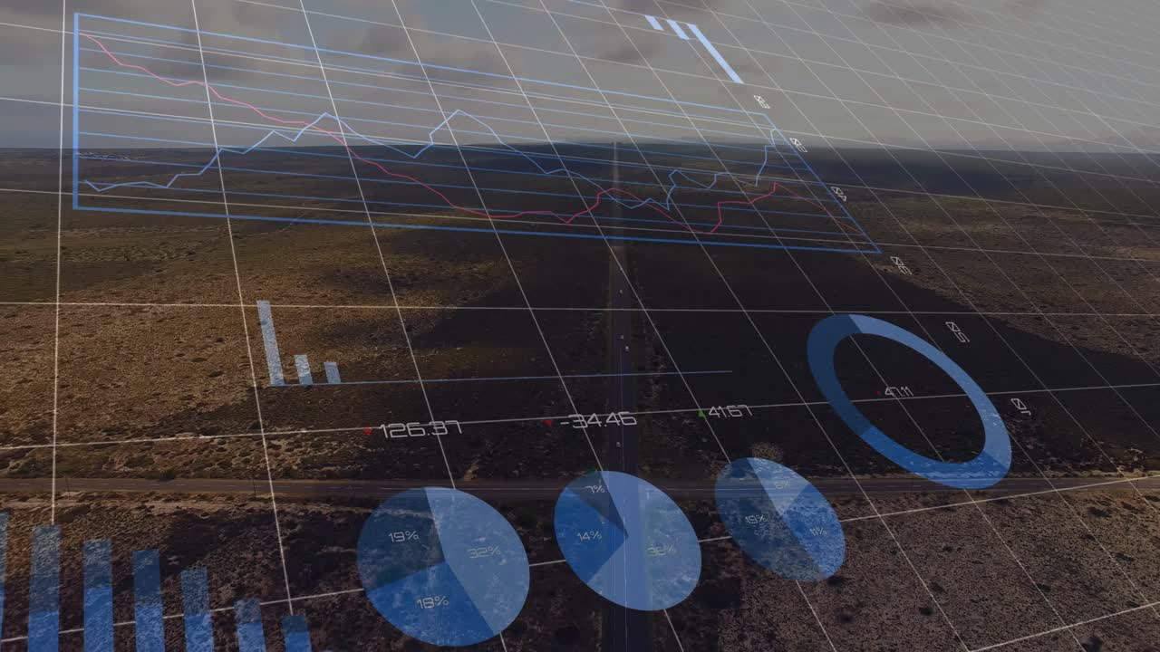 Camera moving forward, AR data overlay shifting angle and sliding across road revealing charts