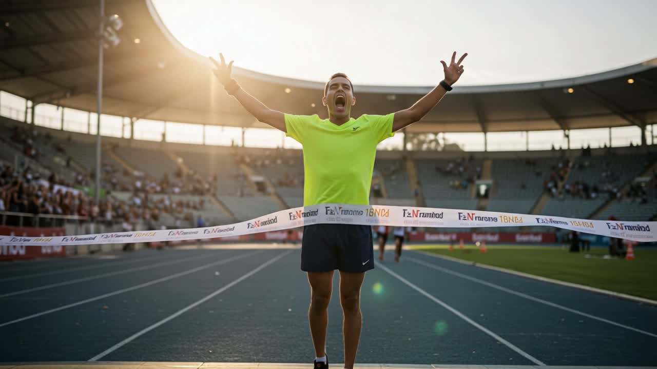 Triumphant Runner Celebrates Victory as He Crosses Finish Line with Exuberance, Showcasing the Joy of Achieving a Personal Best in a Thrilling Race