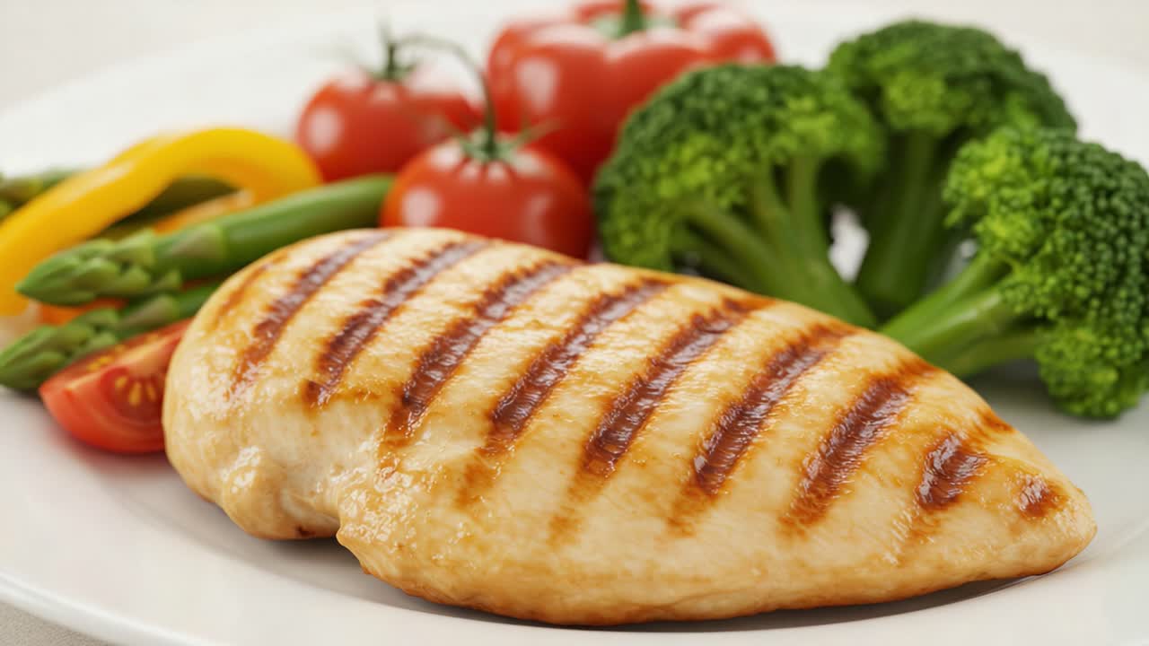 Delicious Grilled Chicken Breast Served with Fresh Vegetables Including Broccoli, Asparagus, and Ripe Tomatoes on a White Plate