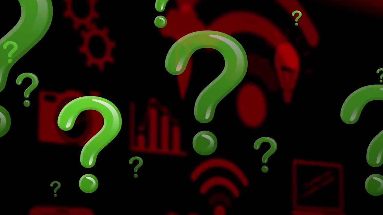 animación de signos de interrogación sobre iconos de medios